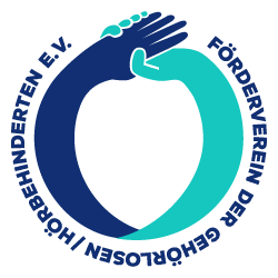 Förderverein der Gehörlosen/Hörbehinderten (BRD) e.V. Das Logo des Fördervereins zeigt zwei Hände, die sich die Hand reichen und einen Kreis bilden. Ein Arm ist Türkis.